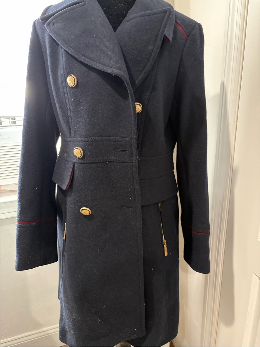 Vince Camuto Navy Peacoat with Gold-Tone Buttons and Red Piping